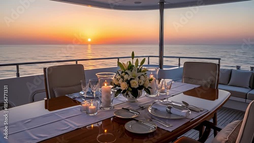 Luxury sunset dinner setting on a yacht with ocean view, featuring elegantly set table with flowers, candles, and fine dining tableware, reflecting tranquility and elegance at sea.