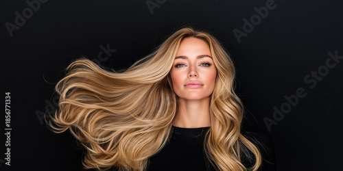 Golden locks sweep dramatically sideways creating dynamic stylish look against dark backdrop. © sam richter