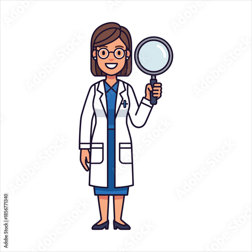 A female scientist holding a magnifying glass in a professional illustration