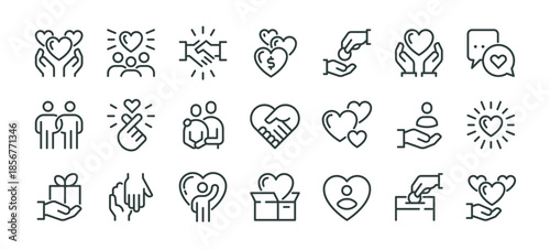 Charity human care outline icons pack. Line signs volunteering and giving, support donation or friendly handshake. Thin vector icons set perfect for web app infographic business social projects.
