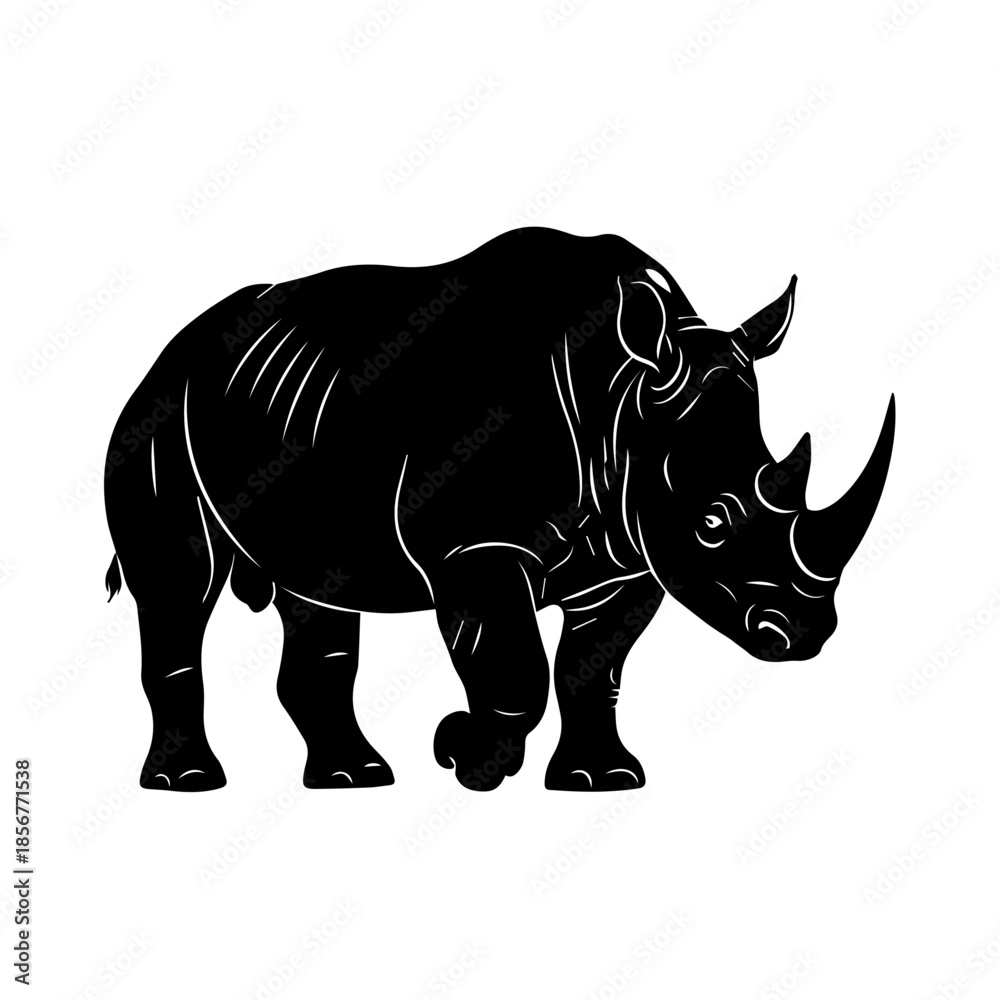 Fototapeta premium A black silhouette illustration of a rhinoceros with white outlines, depicting its powerful form and distinctive horns.
