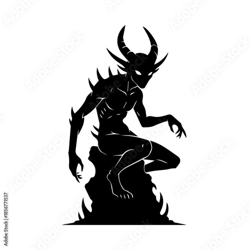 Black silhouette of a horned, spiky demon-like creature crouching on a smoky base, with sharp claws and pointed ears.