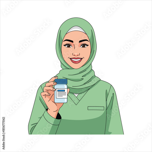 A young woman wearing a hijab holds a small container