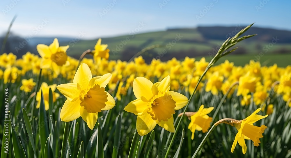 Fototapeta premium Bright yellow daffodils bloom vibrantly in a sunlit field under a clear blue sky.