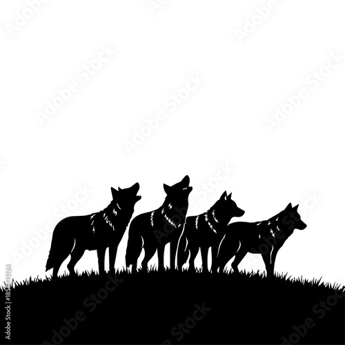 Silhouette illustration of four wolves howling on a grassy hill against a white background.
