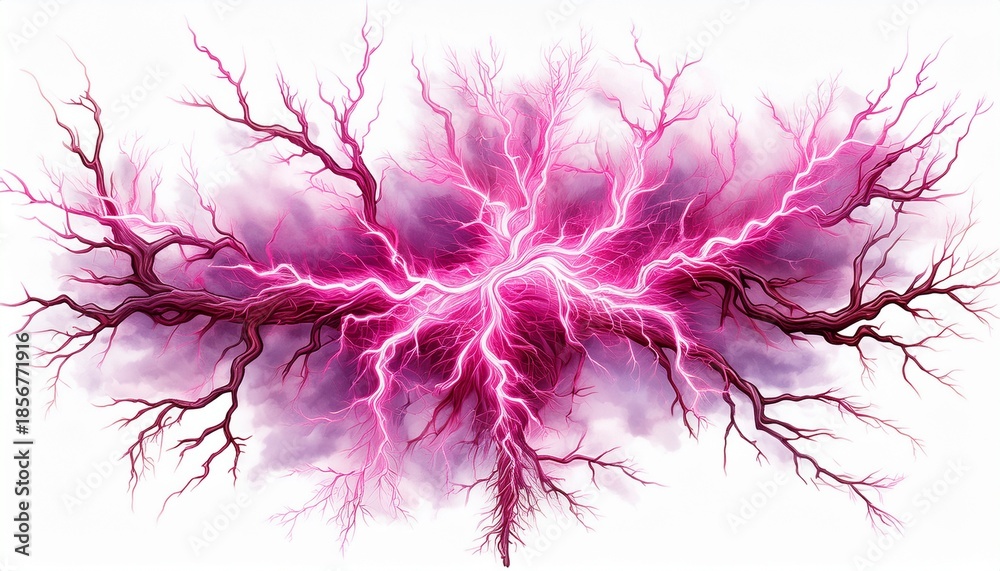 Fototapeta premium bright pink lightning bolt branching electric discharge isolated on a white background