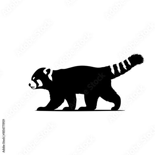 Black silhouette of a red panda walking, showcasing its unique striped tail and facial features.