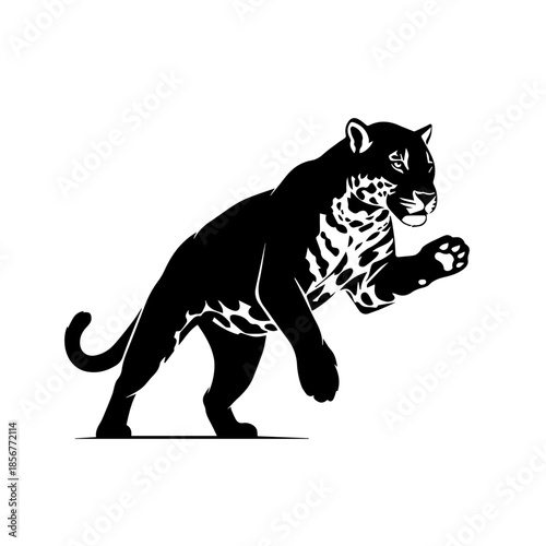 A striking black and white vector illustration of a powerful jaguar in a dynamic pouncing stance, showcasing its strength and agility.