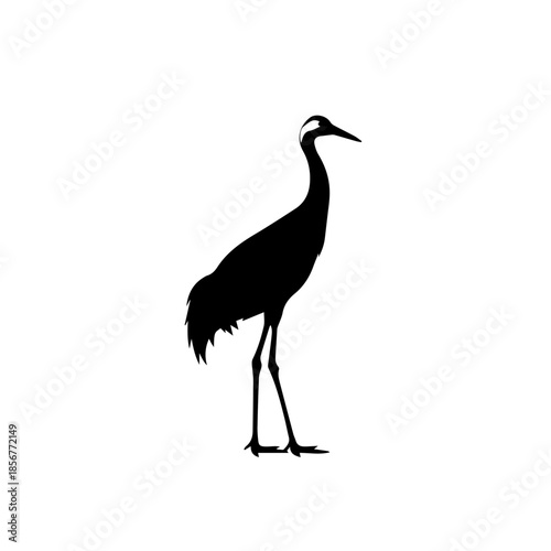 Black silhouette of a standing crane bird with long legs and neck on a white background, depicted in profile.
