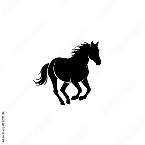 A majestic black horse silhouette galloping with its mane and tail flowing, depicted on a clean white background.