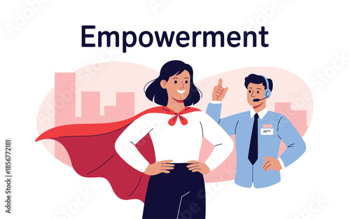 Confident woman in superhero cape standing strong with colleague