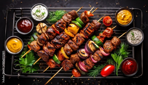 Wallpaper Mural grilled skewers of meat vegetables and various ingredients are presented on a rack with sauces fresh herbs and vibrant colors Torontodigital.ca
