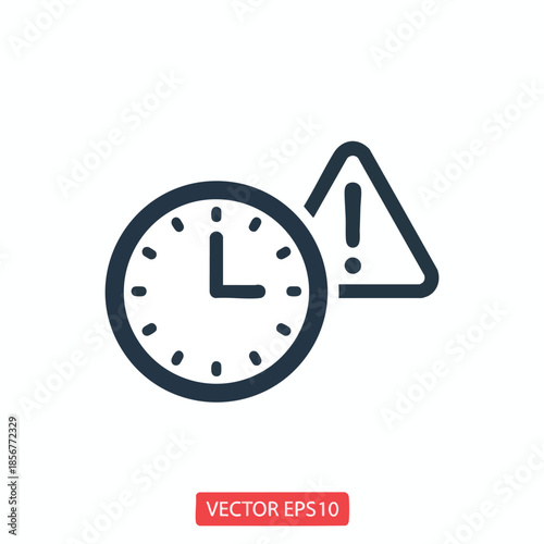 An icon of a clock and an exclamation point triangle, on a white background