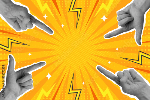 Pop art comic background with halftone pointing hands. Retro style collage. Vector illustration