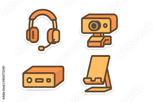 Four isometric icons of computer accessories against a gradient background