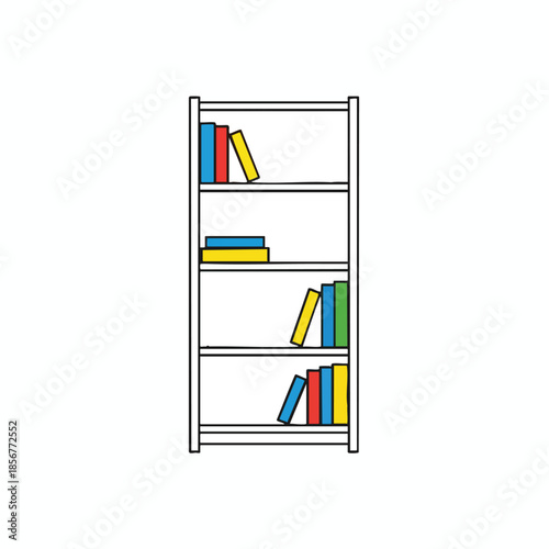 A simple, outlined illustration of a bookshelf filled with colorful books