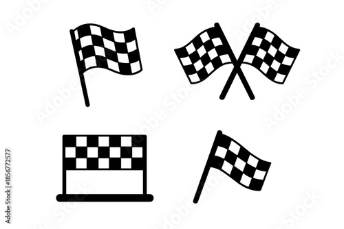 Four dark silhouettes on a gray striped background