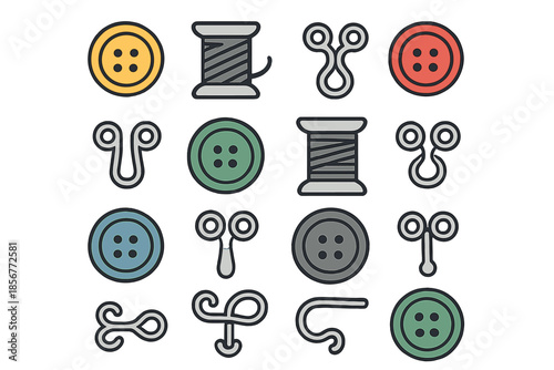 Sewing Icons with Colored Buttons and Thread Spools