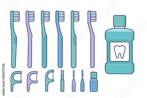 Dental hygiene products flat icon set