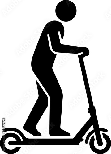 Man riding electric kick scooter. Individual using modern urban transport for eco-friendly movement. Simple stick figure vector icon