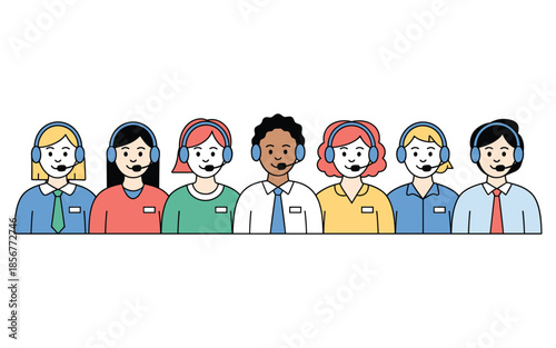 Diverse customer service team with headsets smiling