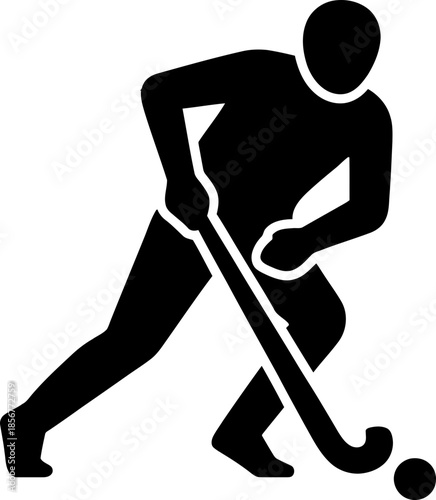 Man playing field hockey with stick and ball. Outline sport symbol in black color for app button and ui design. Vector illustration
