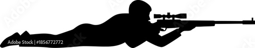 Man lying prone and aiming a sniper rifle, target practice or military operation concept. Simple black silhouette vector illustration