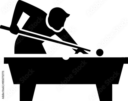 Man playing billiards with cue stick on a pool table, aim to hit the ball. Recreation and leisure activity concept. Vector icon for website or app design