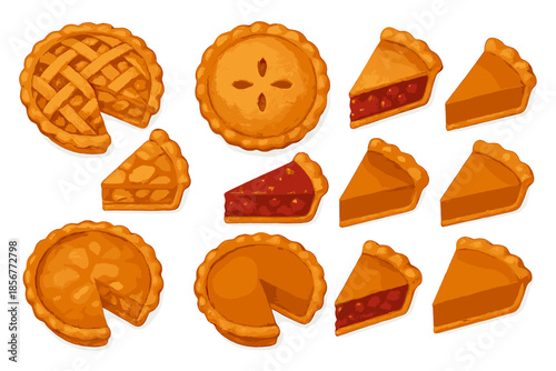 Assorted Pies and Pie Slices on Orange Background