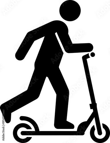 Man on an electric scooter pushing himself, concept of modern transportation, city commute. Simple stickman icon in flat black silhouette vector illustration