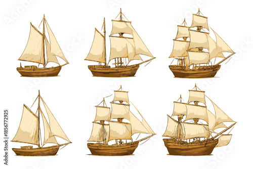 Collection of vintage sailing ships with full sails