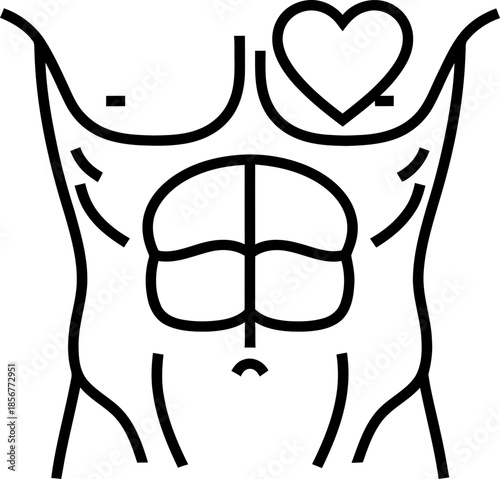 Muscular man torso with visible abdominal muscles and heart symbol. Fitness, sport, healthy lifestyle concept. Vector outline icon for app, web.