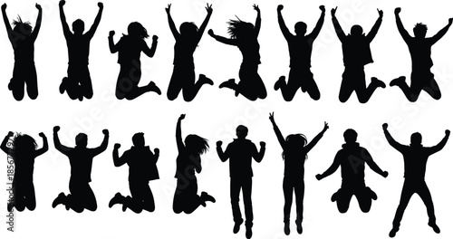 Set of jumping people silhouettes celebrating success, happy crowd jumping in air cad drawing flat vector illustration, joyful community and freedom achievement symbols.