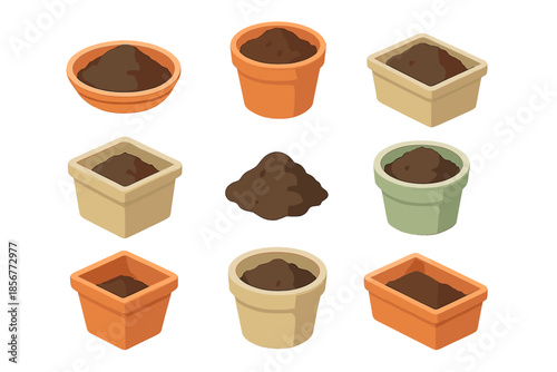 Various flower pots filled with soil