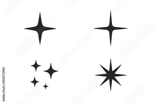 Four dark starbursts on a grey gradient background