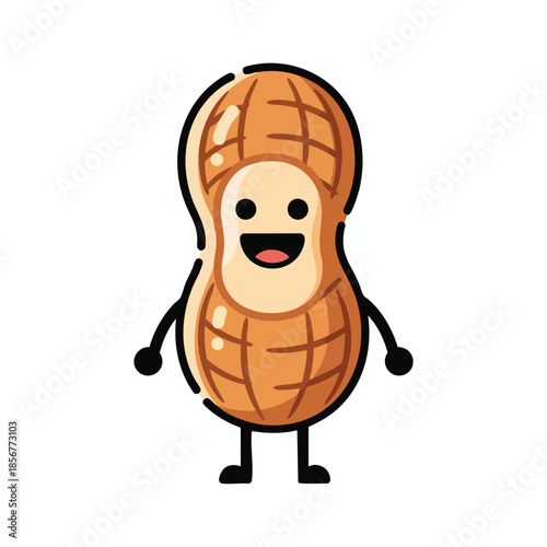 Cartoon peanut with arms, legs, and a smiling face. It has a tan shell