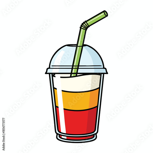 A layered drink in a clear plastic cup with a dome lid and a green straw
