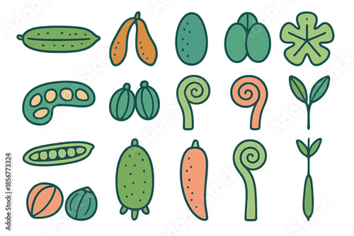 Collection of stylized plants and vegetables on a dark green background