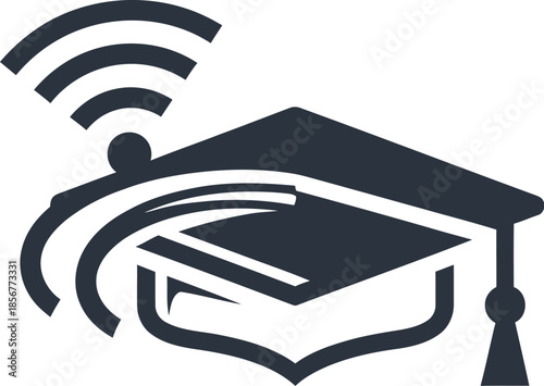 Online Education Icon with Graduation Cap and Wireless Symbol