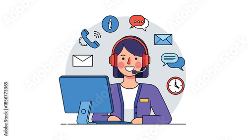 Friendly customer service representative working at desk with computer and headset