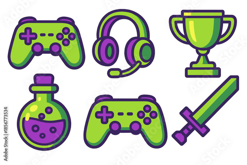 Collection of video game icons with green and purple color scheme