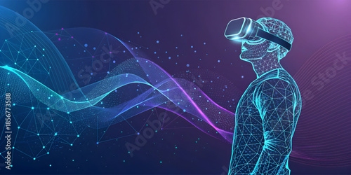 Wireframe virtual reality human with abstract waves and digital technology background.