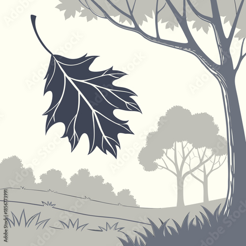 A serene autumn scene depicting a falling leaf against a backdrop of trees and rolling hills