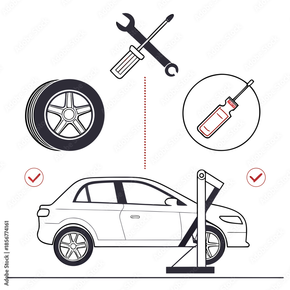 Naklejka premium Vehicle maintenance and repair illustration featuring tools tires and a car on a lift for servicing