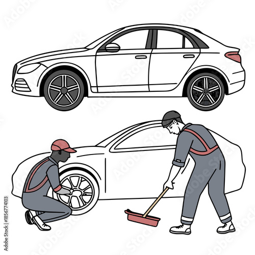 A detailed illustration showcases a sleek car undergoing maintenance by a mechanic working diligently on its wheels
