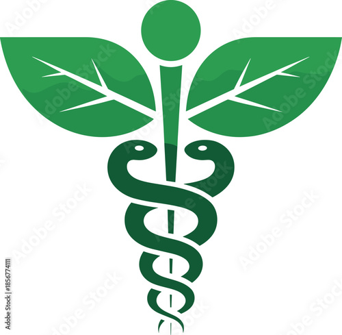 Green caduceus symbol with leaves and snakes medical symbol