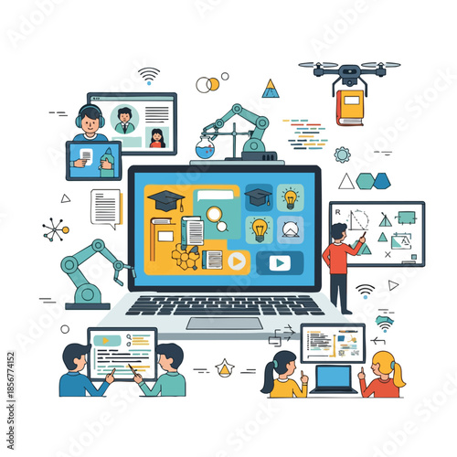 Vector illustration of various technologies, online learning, and remote education elements