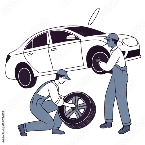Two mechanics are changing a car tire on the roadside assisting a driver with vehicle maintenance