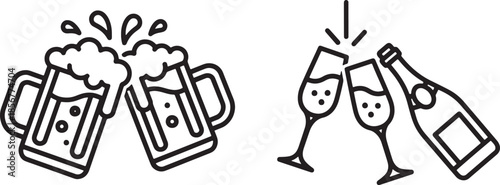 Cheerful beer mugs and wine bottles clinking in celebration and fun gathering