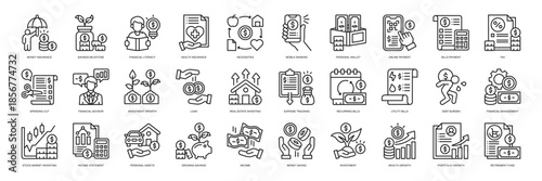 Personal Finance Management icon collection line style. containing Money Insurance, Savings Milestone, Financial Literacy, Health Insurance, Necessities,  Financial